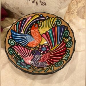 Vtg Mexican Folk Art Pottery Footed Bowl Talavera Hand Painted Bird